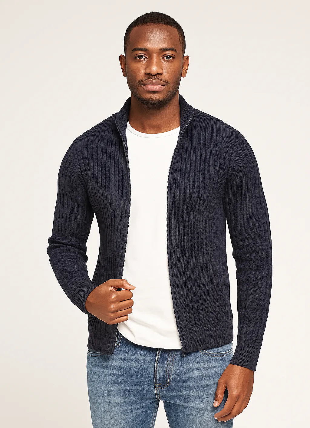 Men's Ribbed Zip Knit Jacket – Lightweight Smart-Casual Cardigan Style Layer