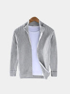 Men's Ribbed Zip Knit Jacket – Lightweight Smart-Casual Cardigan Style Layer Light grey