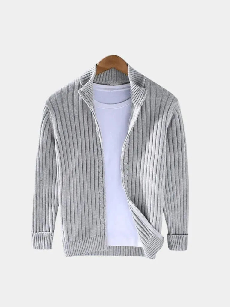 Men's Ribbed Zip Knit Jacket – Lightweight Smart-Casual Cardigan Style Layer Light grey