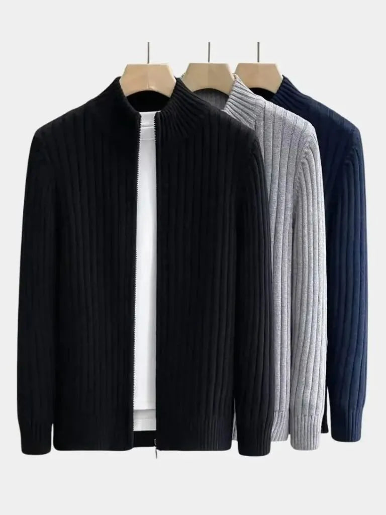 Men's Ribbed Zip Knit Jacket – Lightweight Smart-Casual Cardigan Style Layer