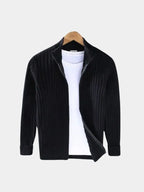 Men's Ribbed Zip Knit Jacket – Lightweight Smart-Casual Cardigan Style Layer Black