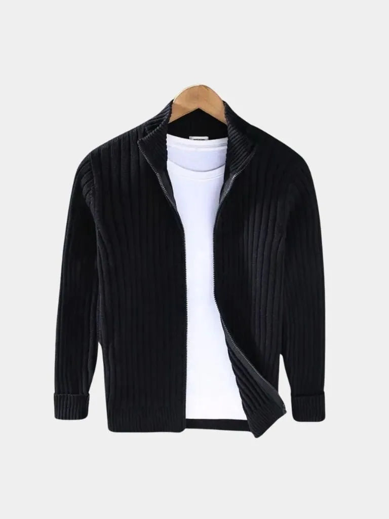 Men's Ribbed Zip Knit Jacket – Lightweight Smart-Casual Cardigan Style Layer Black
