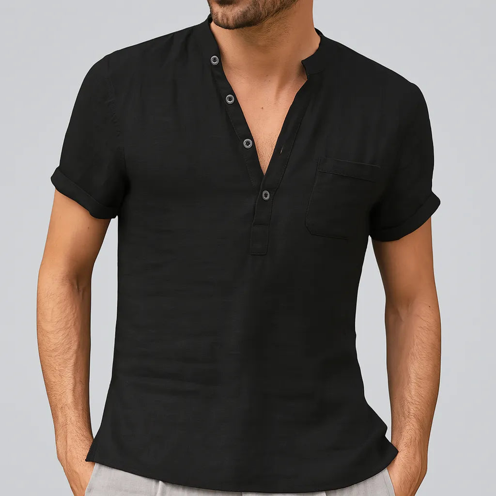 Men's Breathable Linen Shirt - Short Sleeve, Mandarin Collar Casual Wear Black