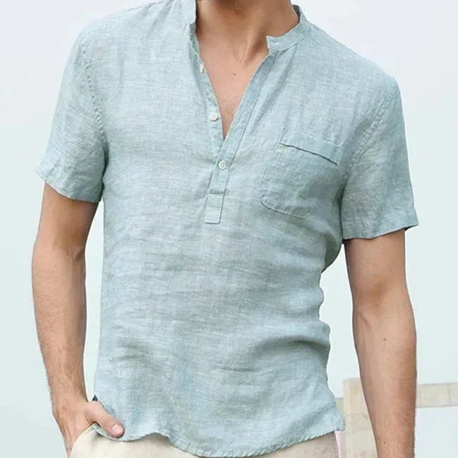 Men's Breathable Linen Shirt - Short Sleeve, Mandarin Collar Casual Wear Light Blue