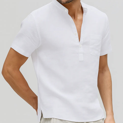 Men's Breathable Linen Shirt - Short Sleeve, Mandarin Collar Casual Wear White