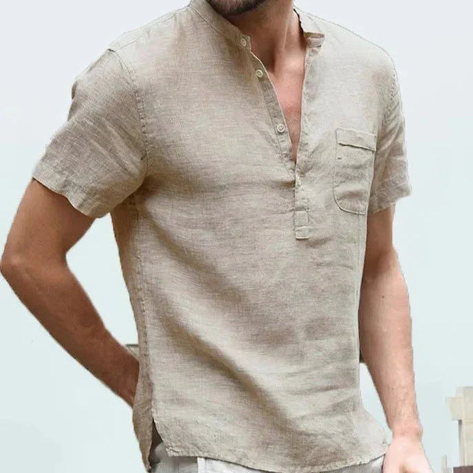 Men's Breathable Linen Shirt - Short Sleeve, Mandarin Collar Casual Wear Beige
