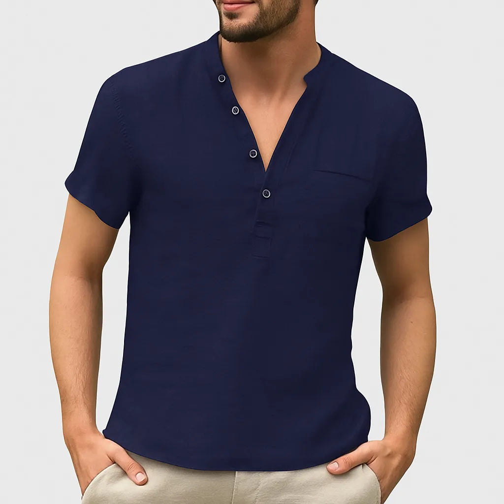 Men's Breathable Linen Shirt - Short Sleeve, Mandarin Collar Casual Wear Navy