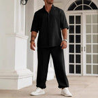 Men's Casual Cotton Linen Blend Set - Relaxed Fit Short Sleeve Shirt & Trousers