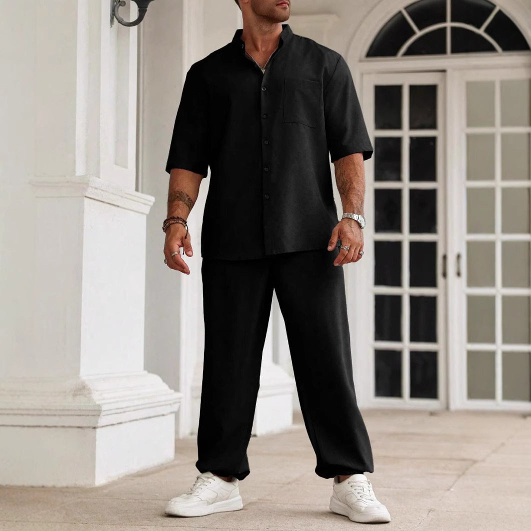 Men's Casual Cotton Linen Blend Set - Relaxed Fit Short Sleeve Shirt & Trousers