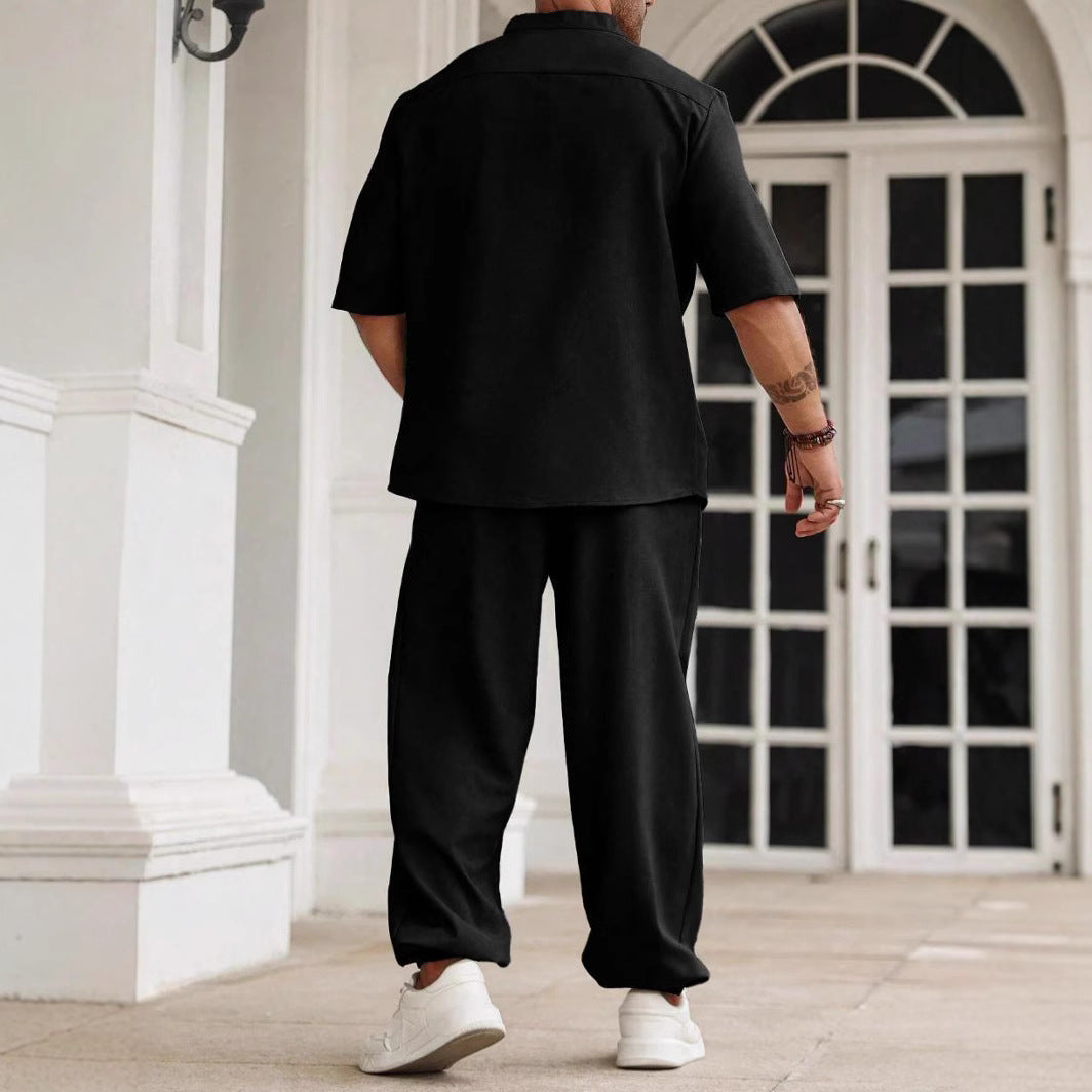 Men's Casual Cotton Linen Blend Set - Relaxed Fit Short Sleeve Shirt & Trousers