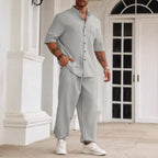 Men's Casual Cotton Linen Blend Set - Relaxed Fit Short Sleeve Shirt & Trousers Grey