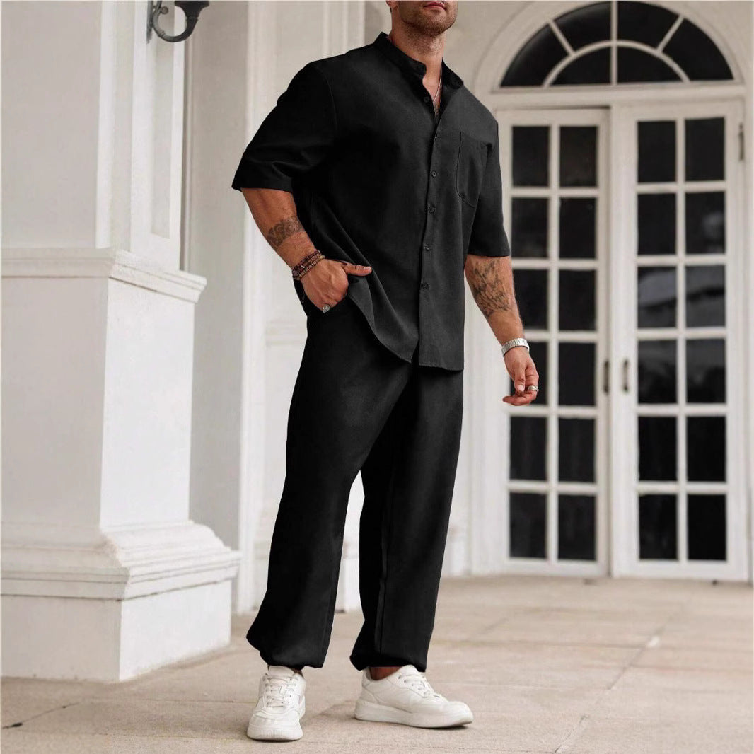 Men's Casual Cotton Linen Blend Set - Relaxed Fit Short Sleeve Shirt & Trousers Black