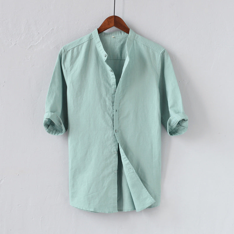 Men's Casual Linen Blend Shirt - Relaxed Fit, Mid Sleeve, Mandarin Collar Green