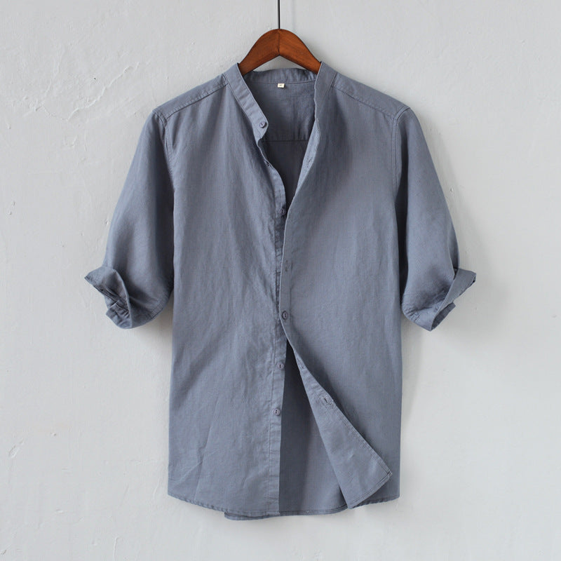 Men's Casual Linen Blend Shirt - Relaxed Fit, Mid Sleeve, Mandarin Collar Grey