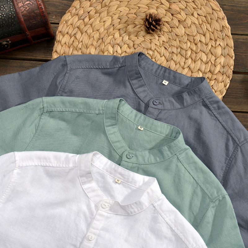 Men's Casual Linen Blend Shirt - Relaxed Fit, Mid Sleeve, Mandarin Collar