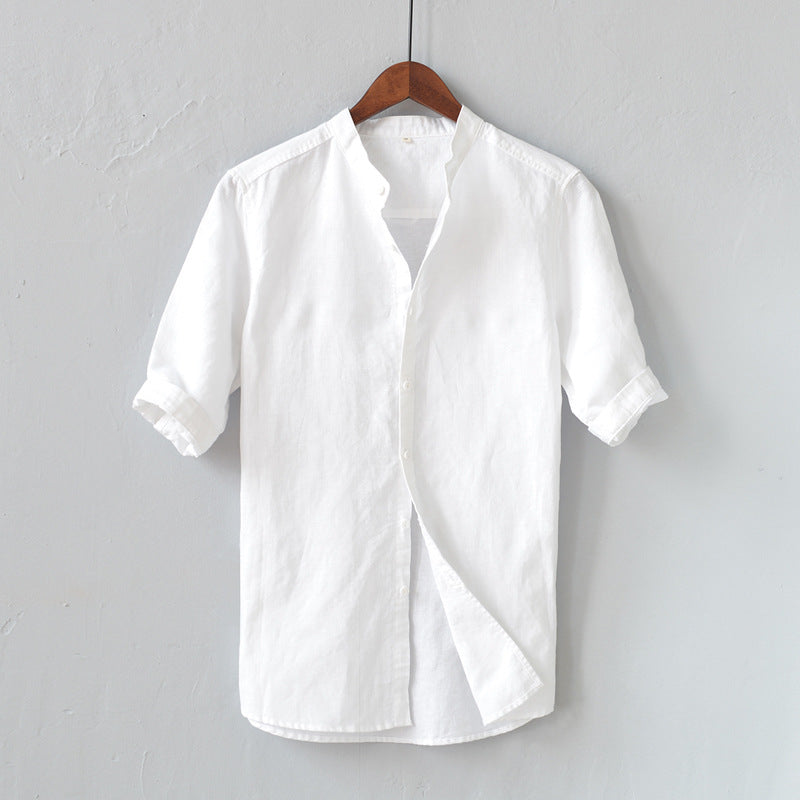 Men's Casual Linen Blend Shirt - Relaxed Fit, Mid Sleeve, Mandarin Collar White