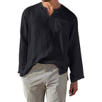 Men's Casual Long Sleeve Linen Cotton Blend Shirt - Relaxed Fit, Band Collar Black