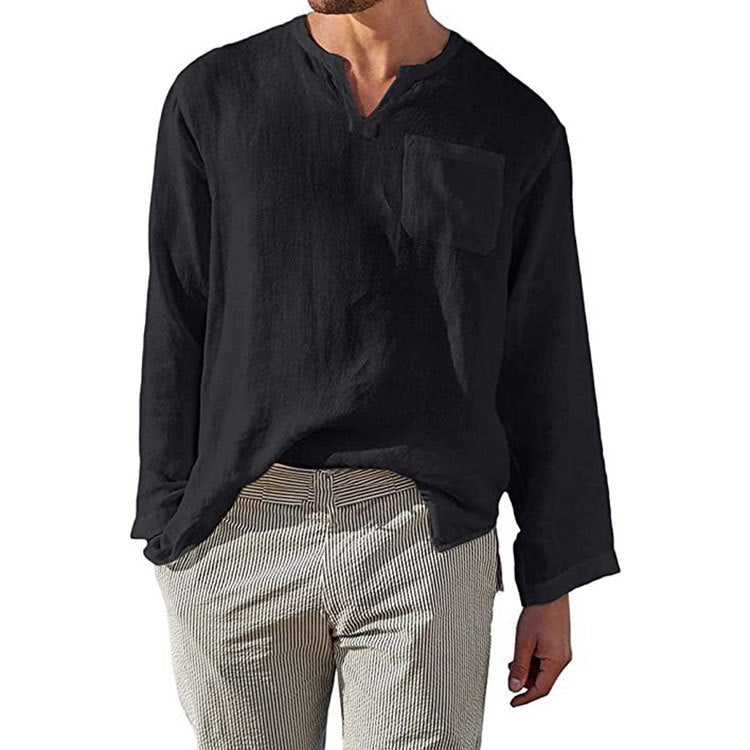 Men's Casual Long Sleeve Linen Cotton Blend Shirt - Relaxed Fit, Band Collar Black