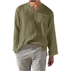 Men's Casual Long Sleeve Linen Cotton Blend Shirt - Relaxed Fit, Band Collar Green