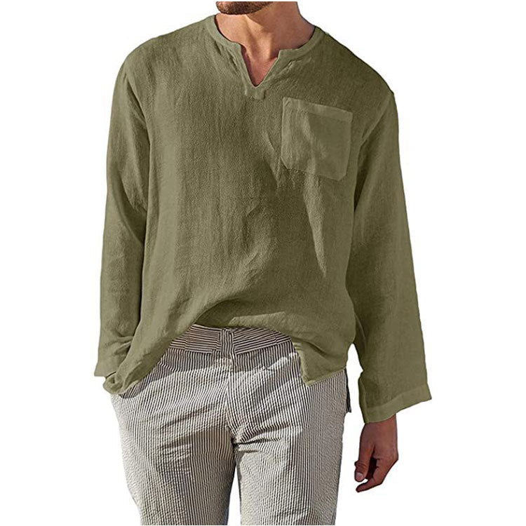 Men's Casual Long Sleeve Linen Cotton Blend Shirt - Relaxed Fit, Band Collar Green