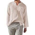 Men's Casual Long Sleeve Linen Cotton Blend Shirt - Relaxed Fit, Band Collar Beige