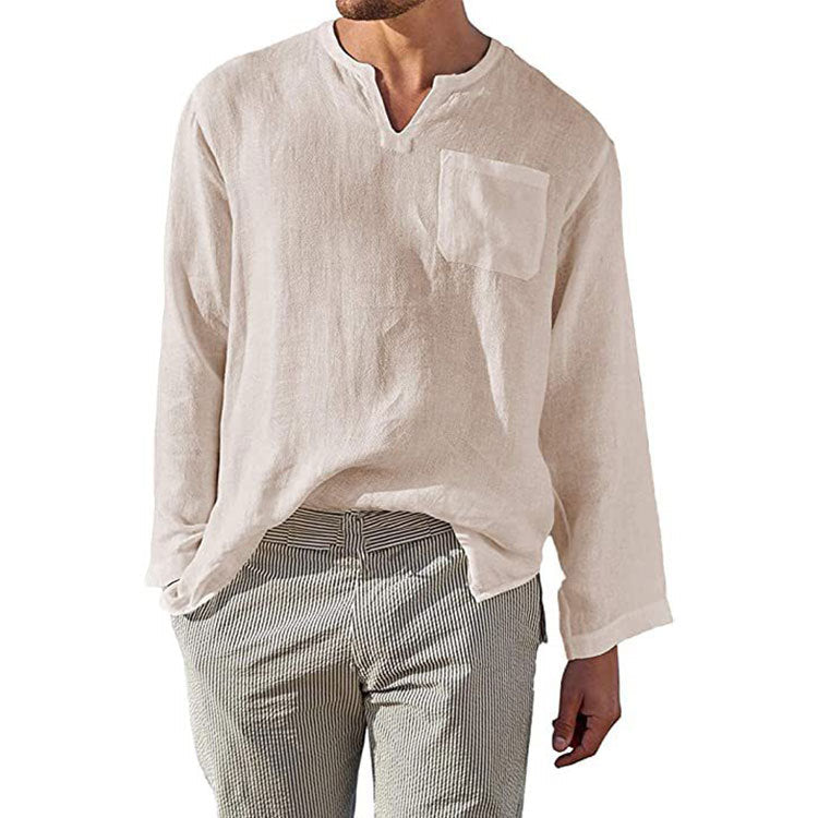 Men's Casual Long Sleeve Linen Cotton Blend Shirt - Relaxed Fit, Band Collar Beige