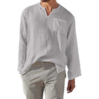 Men's Casual Long Sleeve Linen Cotton Blend Shirt - Relaxed Fit, Band Collar Grey