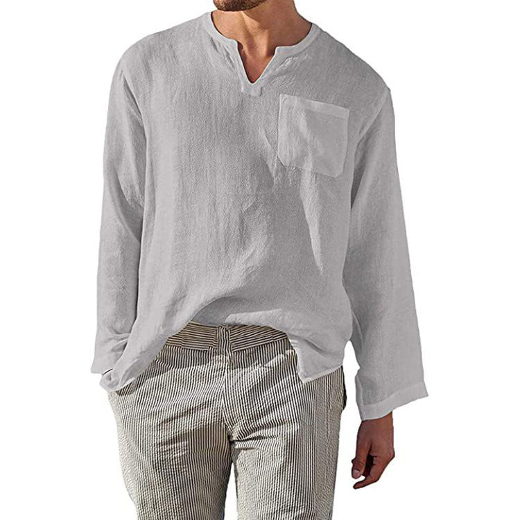 Men's Casual Long Sleeve Linen Cotton Blend Shirt - Relaxed Fit, Band Collar Grey