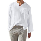 Men's Casual Long Sleeve Linen Cotton Blend Shirt - Relaxed Fit, Band Collar White