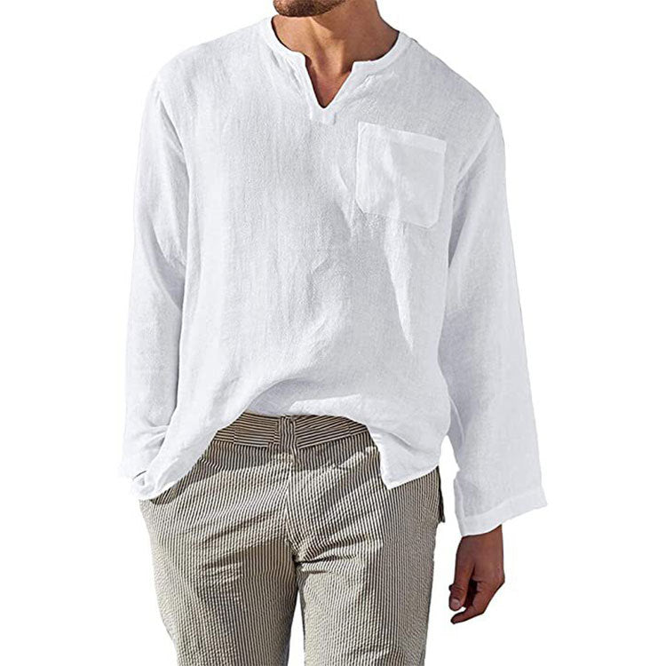 Men's Casual Long Sleeve Linen Cotton Blend Shirt - Relaxed Fit, Band Collar White
