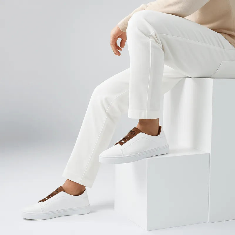 Men's Classic Leather Trainers - Smart Casual Sneakers with White Outsole