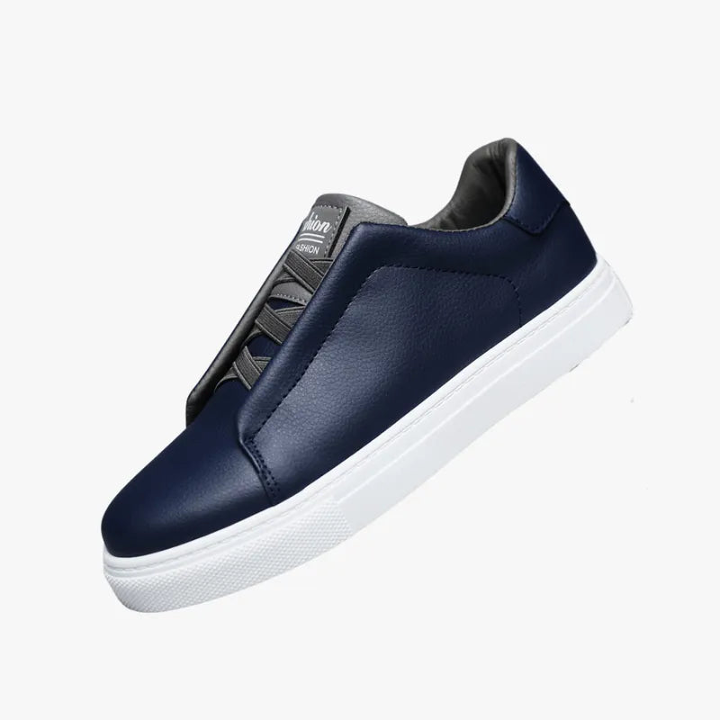 Men's Classic Leather Trainers - Smart Casual Sneakers with White Outsole Blue