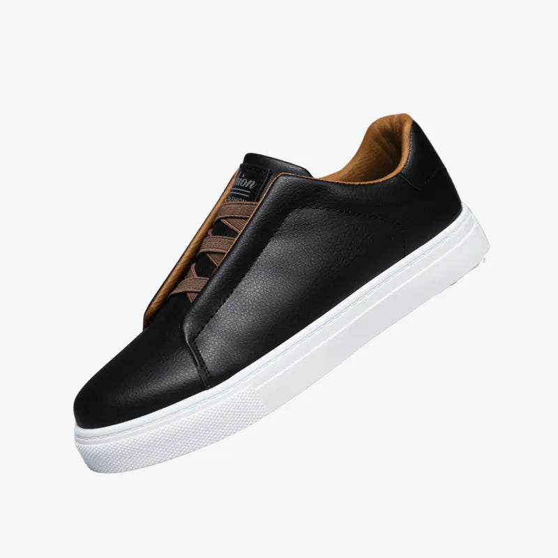 Men's Classic Leather Trainers - Smart Casual Sneakers with White Outsole Black