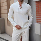 Men's Cotton Linen Blend Henley Shirt - Lace-Up Chest, Relaxed Fit for Summer | White