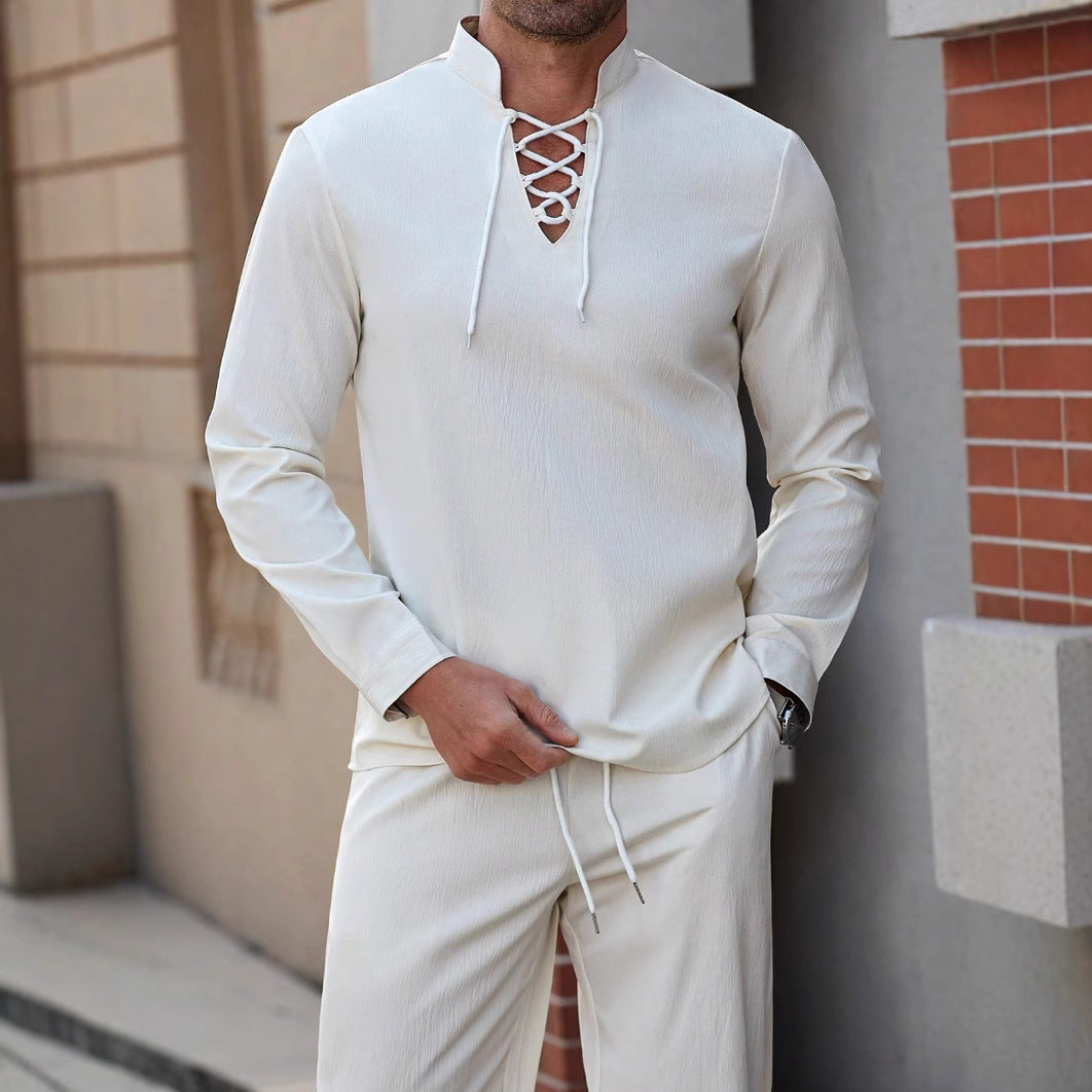 Men's Cotton Linen Blend Henley Shirt - Lace-Up Chest, Relaxed Fit for Summer | White