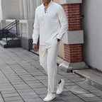 Men's Cotton Linen Blend Henley Shirt - Lace-Up Chest, Relaxed Fit for Summer | White