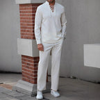 Men's Cotton Linen Blend Henley Shirt - Lace-Up Chest, Relaxed Fit for Summer | White