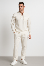 Men's Cotton Linen Blend Henley Shirt - Lace-Up Chest, Relaxed Fit for Summer | White