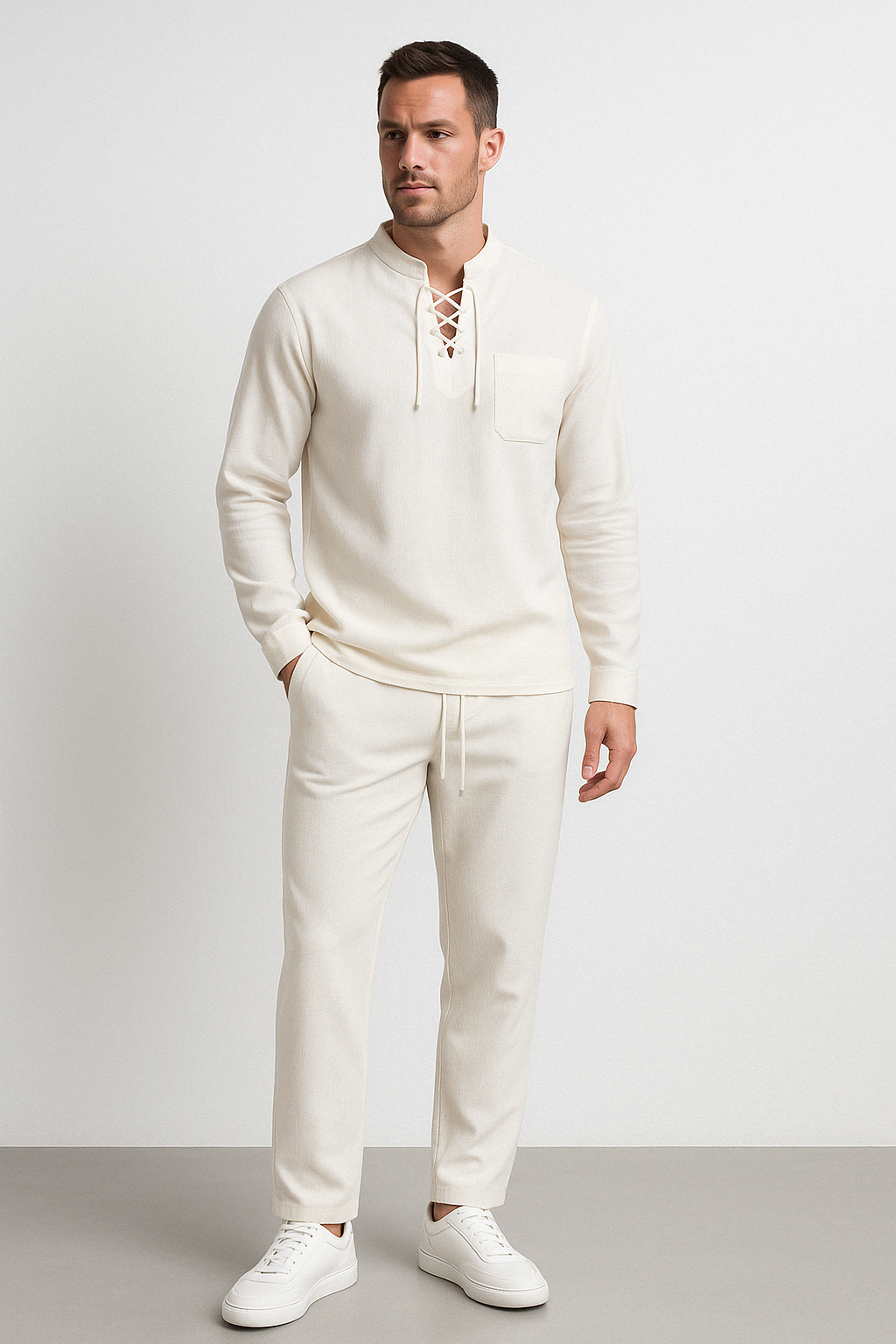Men's Cotton Linen Blend Henley Shirt - Lace-Up Chest, Relaxed Fit for Summer | White