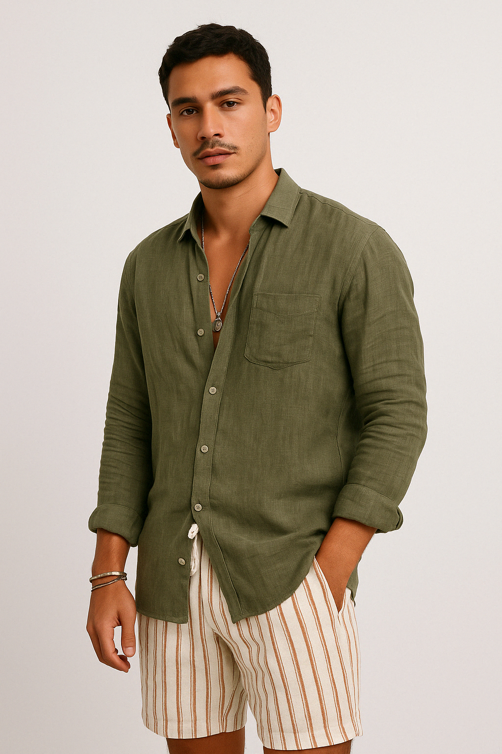 Men's Cotton Linen Blend Long Sleeve Shirt - Relaxed Fit Casual Wear Green
