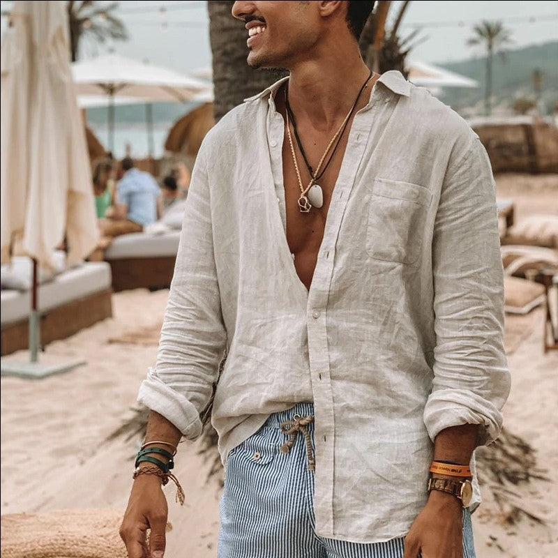 Men's Cotton Linen Blend Long Sleeve Shirt - Relaxed Fit Casual Wear