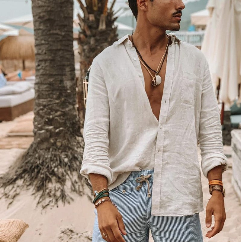 Men's Cotton Linen Blend Long Sleeve Shirt - Relaxed Fit Casual Wear