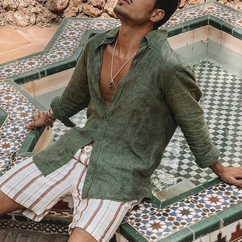 Men's Cotton Linen Blend Long Sleeve Shirt - Relaxed Fit Casual Wear