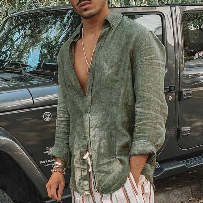 Men's Cotton Linen Blend Long Sleeve Shirt - Relaxed Fit Casual Wear
