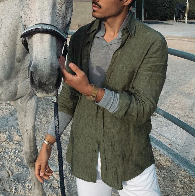 Men's Cotton Linen Blend Long Sleeve Shirt - Relaxed Fit Casual Wear