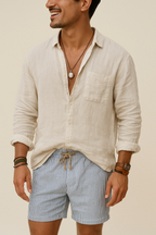 Men's Cotton Linen Blend Long Sleeve Shirt - Relaxed Fit Casual Wear White