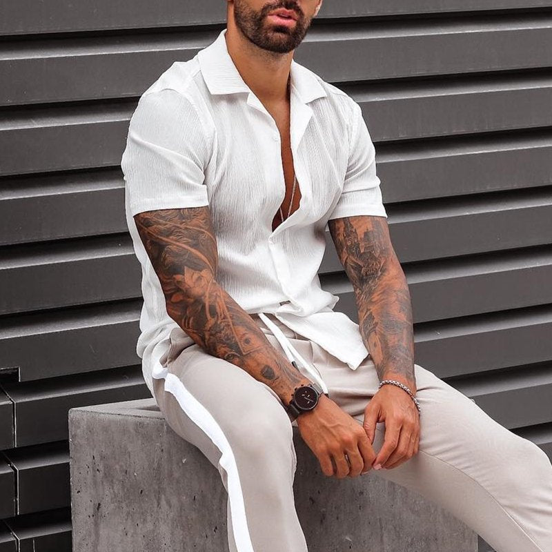 Men's Cotton Linen Blend Short Sleeve Shirt - Loose Fit Casual Wear | White