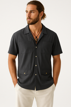 Men's Cotton Linen Blend Short Sleeve Shirt - Relaxed Fit, Notched Collar, Summer Casual Black