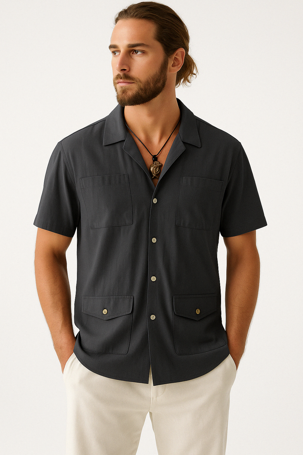 Men's Cotton Linen Blend Short Sleeve Shirt - Relaxed Fit, Notched Collar, Summer Casual Black
