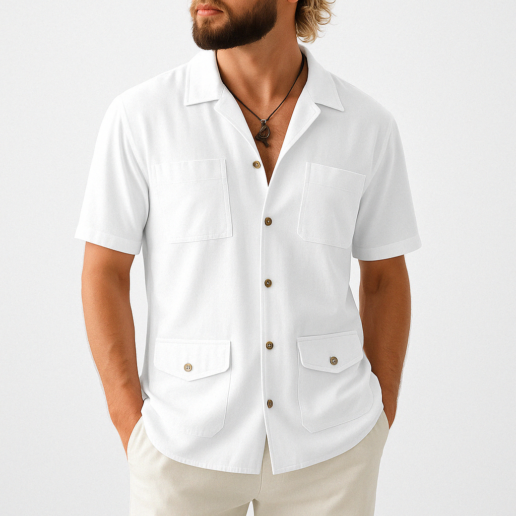 Men's Cotton Linen Blend Short Sleeve Shirt - Relaxed Fit, Notched Collar, Summer Casual White